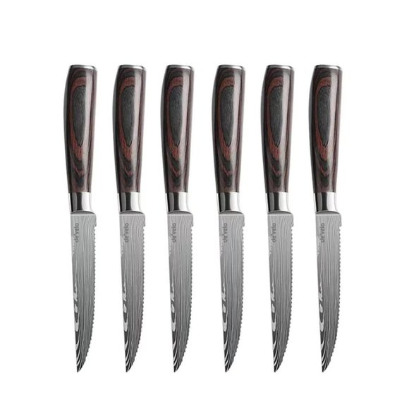 6 Piece Stainless Steel Damascus Patterned Steak Knife Set - Picture 1 of 4